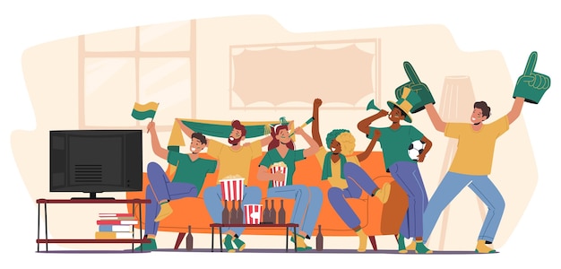 Group Of Happy Fans Cheering For Their Team Victory And Success Male And Female Characters With Funny Attribution