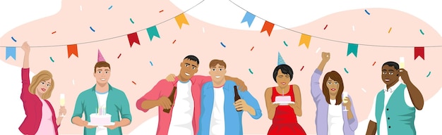 Vector group of happy friends having celebration party women wearing dress drinking champagne and men in shirts drinking beer holding cakes confetti and flags concept of joyful event vector illustration