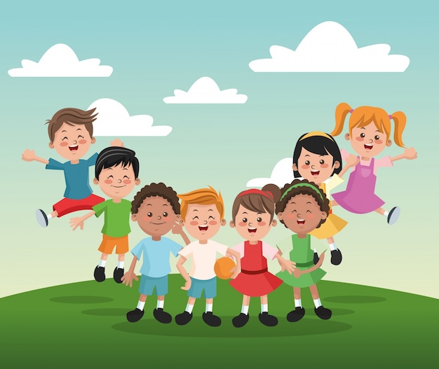 Group of happy girls and boys cartoon kids