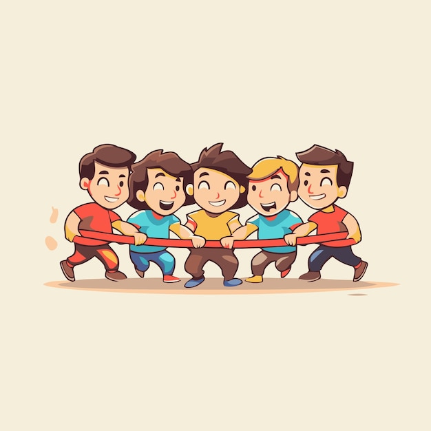 Group of happy kids playing tug of war Cartoon vector illustration