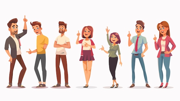 Group of Happy People Pointing at Something with Finger