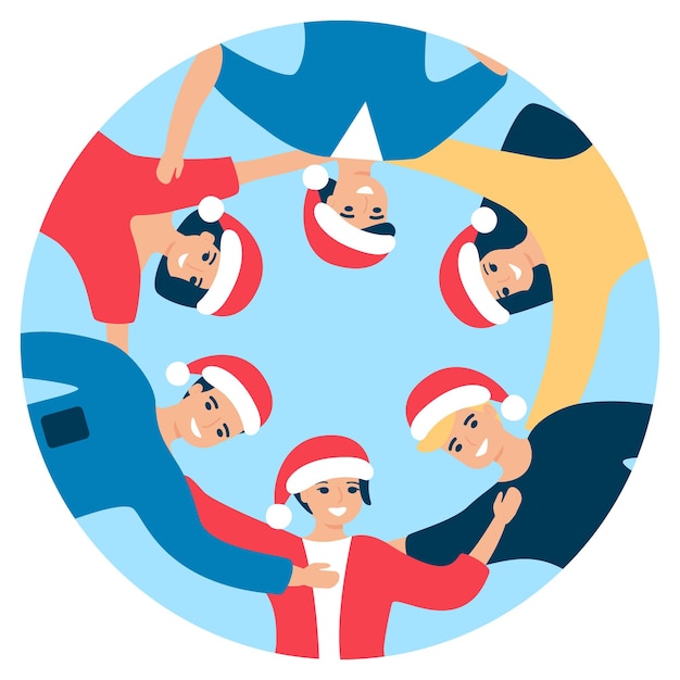 Group of happy people in Santa hat are standing in circle and hugging Men and women friends