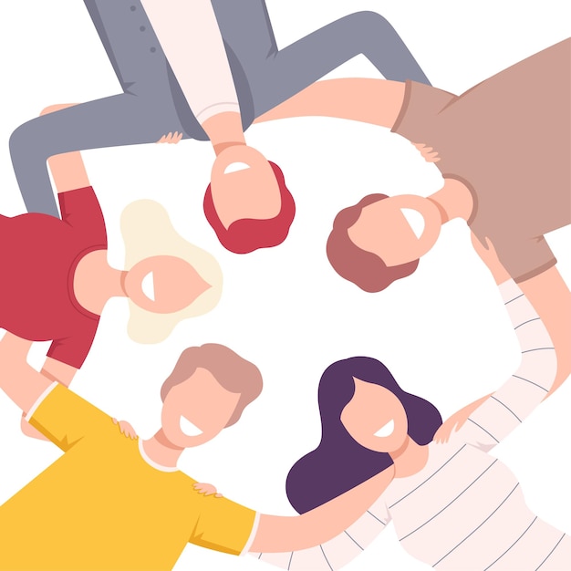 Vector group of happy people standing together forming circle low angle view flat vector illustration