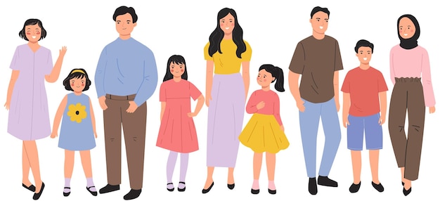 Group of  happy people standing together various age family member drawing illustration