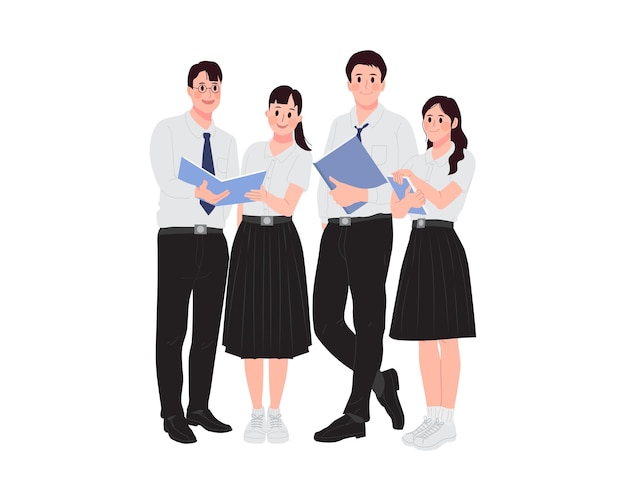 Group of happy students standing together and holding books Isolated flat vector illustration