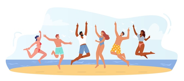 Group of Happy Young People in Swim Wear Jumping with Hands Up Summer Vacation Beach Party Celebration Fun