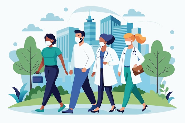 Vector a group of healthcare professionals and patients strolls through a city park wearing face masks with tall buildings visible in the background under a clear sky