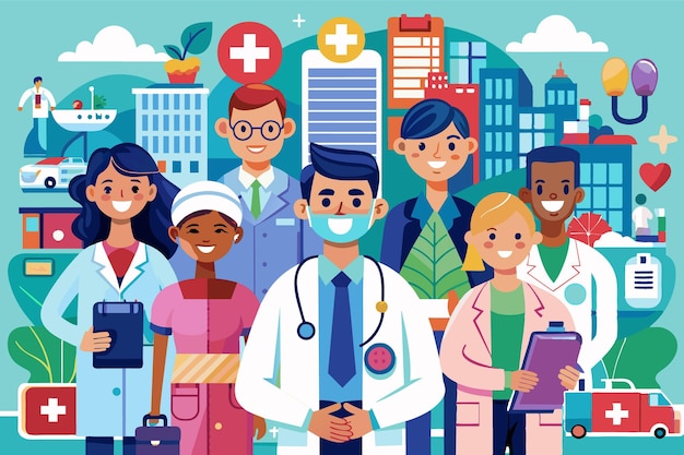 Vector a group of healthcare professionals stands together in a colorful urban medical environment showcasing teamwork and dedication to patient care