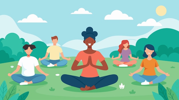 A group of individuals practicing yoga and mindfulness in a grassy field without any distractions