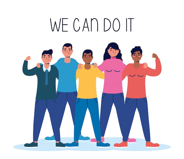 Group of interracial people with we can do it message  illustration 