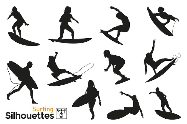 Group of isolated silhouettes of people surfing