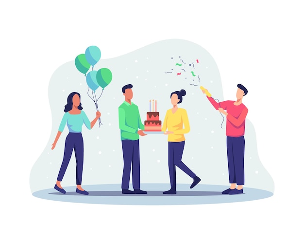 Group of joyful people celebrating Birthday party. Happy birthday party celebration with friend. People character carrying birthday cake and celebrating. Vector illustration in a flat style