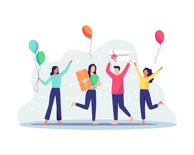 Vector group of joyful people celebrating birthday party. happy people receive a gift box. women and men holding gift and balloons, happy birthday concept. vector illustration in a flat style