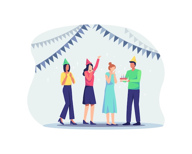 Group of joyful people celebrating birthday party. Man and woman characters in hats having fun, Surprise for a friend's birthday. Vector illustration in a flat style