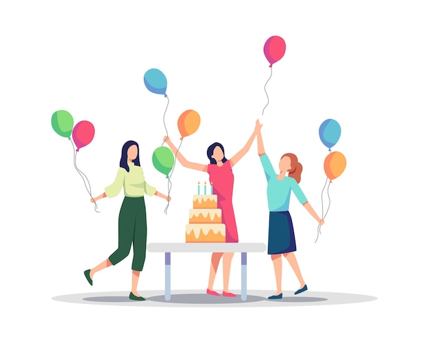 Group of joyful people celebrating Birthday party. Young woman characters having fun at birthday party, Friends characters celebrating holiday. Vector illustration in a flat style