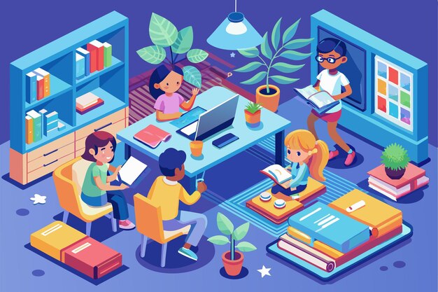 Vector a group of kids engages in focused study activities in a bright home environment filled with plants and books kids studying from home customizable isometric illustration