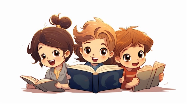 a group of kids reading a book with their faces on them