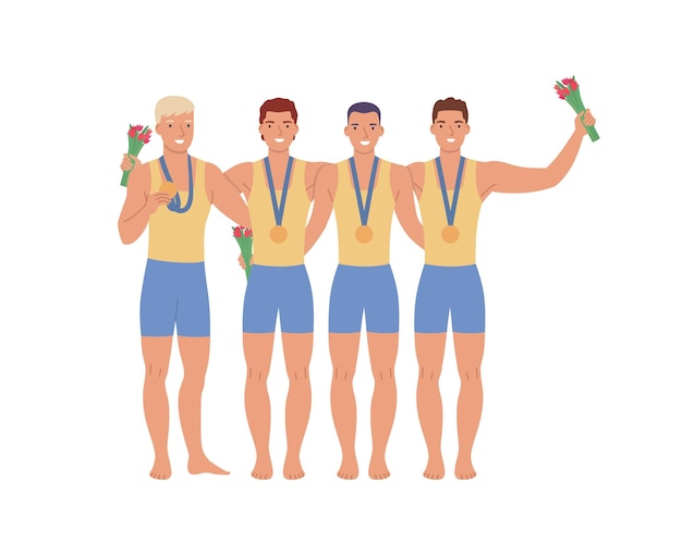 Group of male athletes with medals and flowers  flat vector illustration