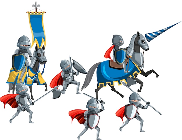 Group of medieval knights on horseback on white background