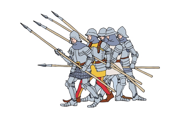 A group of medieval pikemen in plate armor. Heavy infantry.