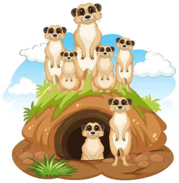 Vector group of meerkats with burrow in cartoon style