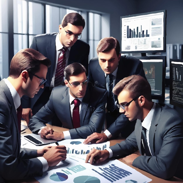 Vector group of men are looking at a computer screen with a graph on it