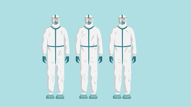 Group of men in protective PPE suit. Vector illustration of personal protective equipment concept.