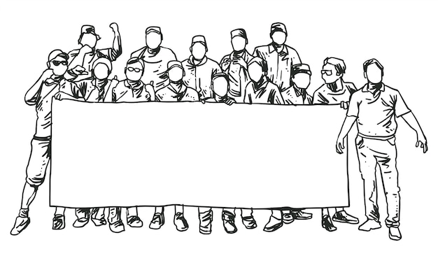 group of men standing holding big banner line art 