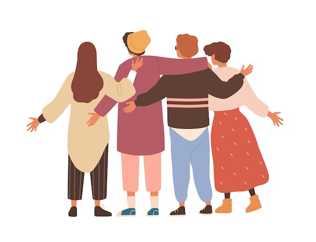 Group of men and women hugging and waving hands. Concept of friendship and team support. Friends or colleagues standing together. Flat vector cartoon isolated illustration on white.