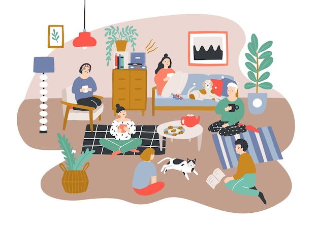 Group of men and women sitting in room furnished in Scandic style and talking to each other. Friends spending time together at home. Friendly visit. Colorful vector illustration in flat cartoon style.