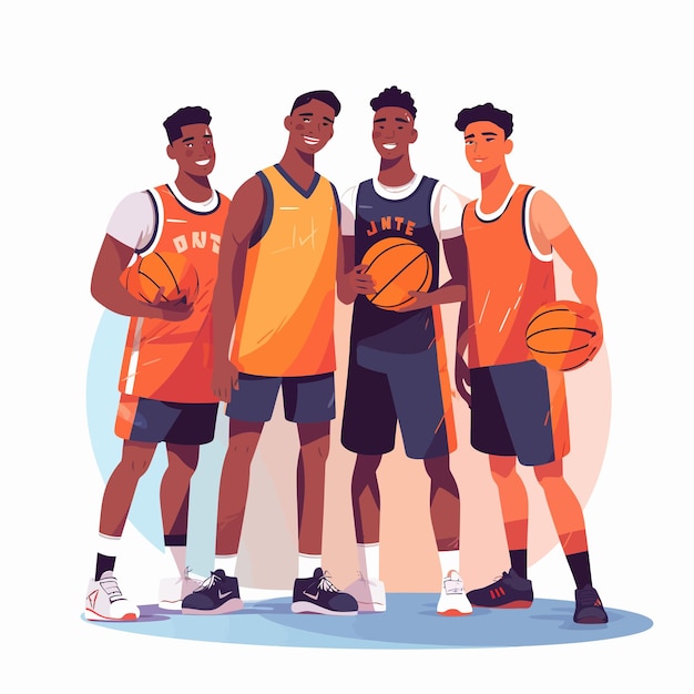 Group of motivated basketball players stand together