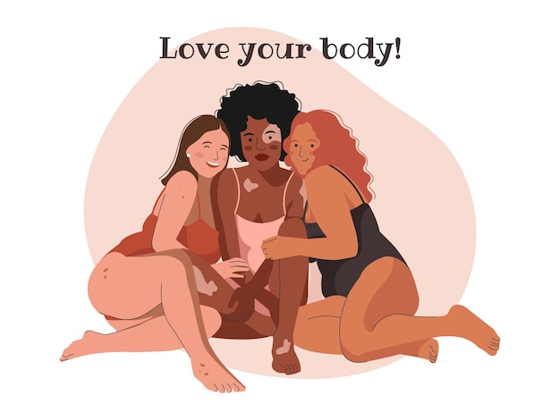 Group of multi cultural young happy Women in Swimsuits or Underwear. Body Positive movement and beau