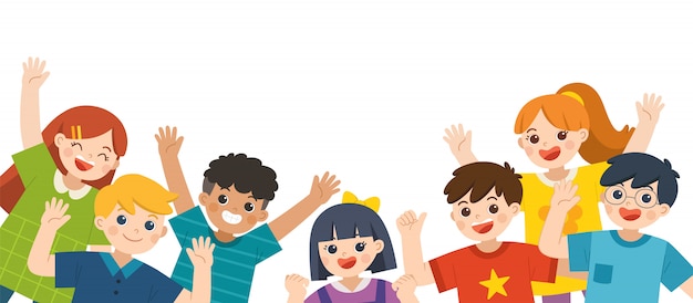 Group of Multicultural happy kids joyfully jumping and waving hands on white background. Cheerful elementary school students. Template for advertising brochure.