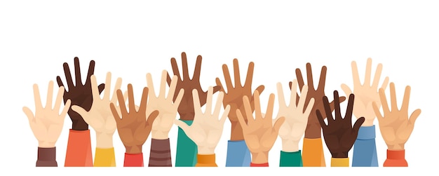 Group of multiethnic diverse hands raised in different clothes and skin color vector illustration