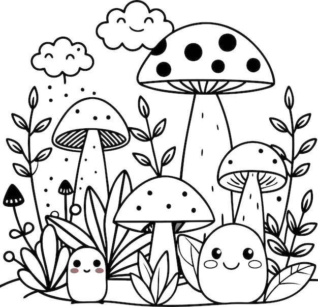 Vector a group of mushrooms with a black and white background