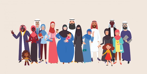 Group of muslim arabic people joined with happiness. Group young and old muslim people standing together. Colorful   illustration in flat style.