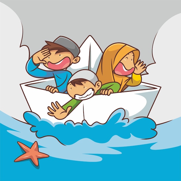 A group of Muslim children on an adventure in the sea riding an origami paper boat