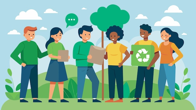 A group of neighbors gather around a sign discussing the best ways to repurpose recycled materials