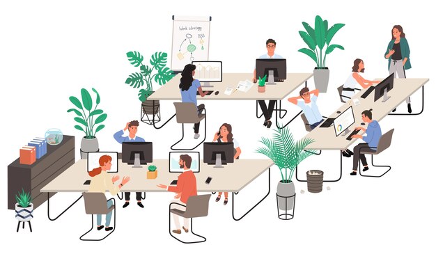 Vector group of office workers at working place and communicating to each other.  cartoon style  .