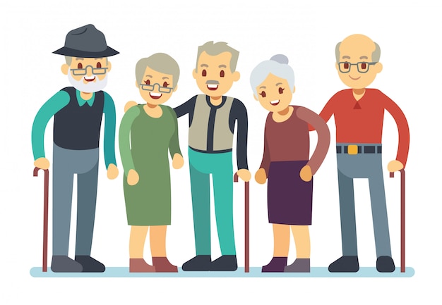 Vector group of old people cartoon characters. happy elderly friends vector illustration