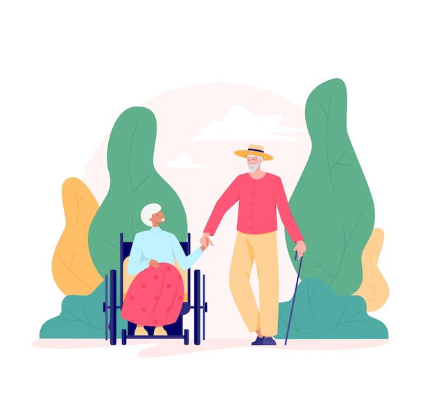 Group of old people walking outdoor. Old man with a cane and woman in a wheelchair in a park. Recreation and leisure retiree activities concept.   illustration of elderly people, flat style.