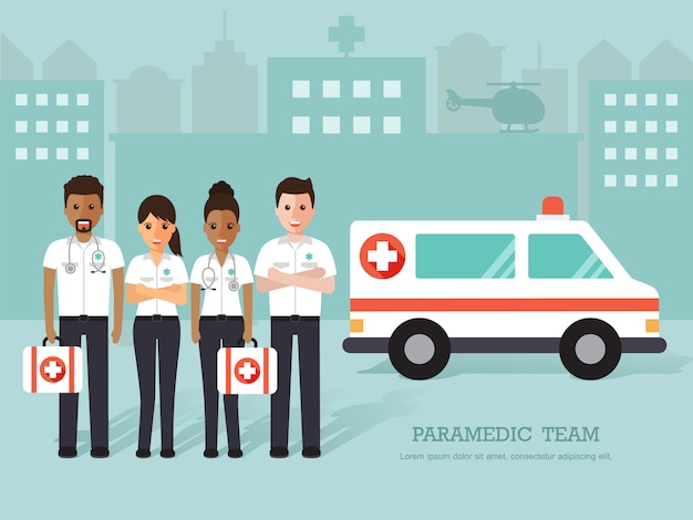 Group of paramedics, medical staff.