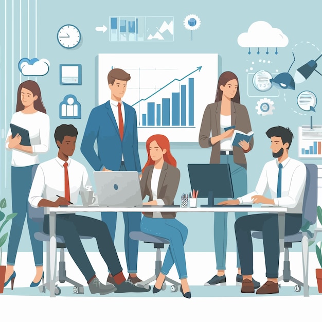 a group of people are gathered around a table with a chart that says business