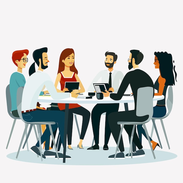 Vector a group of people are sitting around a table and one of them has a coffee cup on it