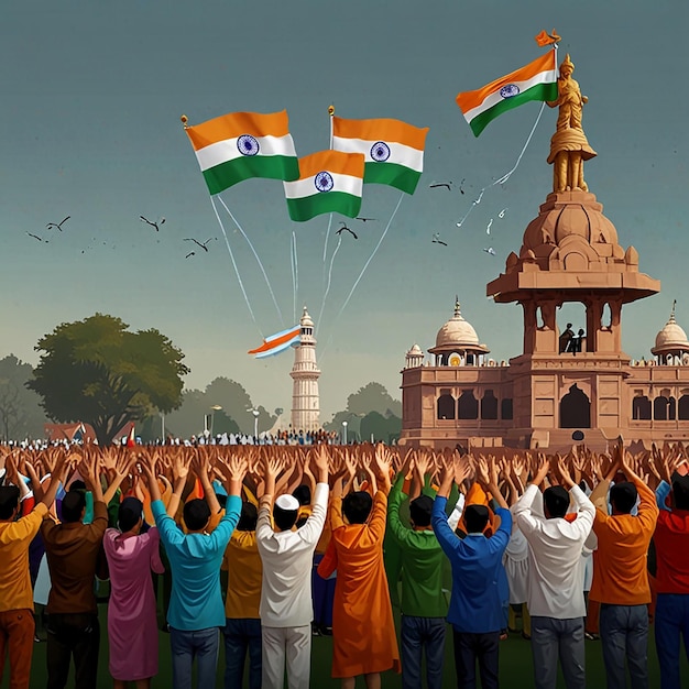 a group of people are standing in front of a flag India independence day