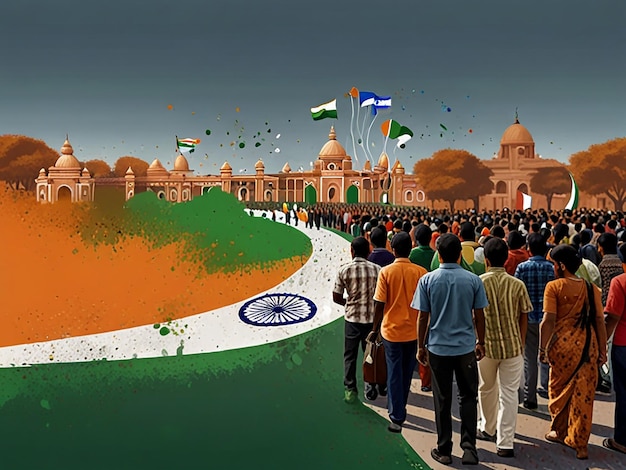 Vector a group of people are standing in front of a flag india independence day