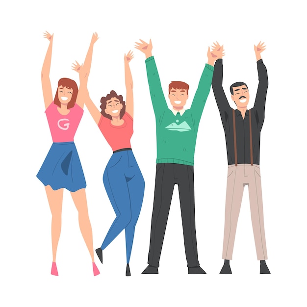 Vector group of people characters standing together with raising hands vector illustration