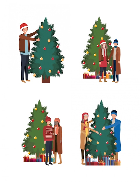 Group of people decorating christmas trees