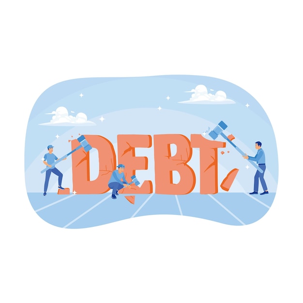 Vector a group of people destroy debt writing with hammers breaking debt concept flat vector illustration