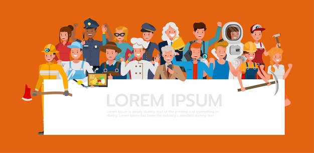 Group of people different job and occupations on orange background character vector design. Labor Day.